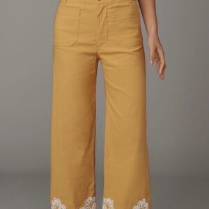 Anthropologie Yellow Wide-Leg Pants with White Embroidery